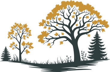 Fototapeta premium Autumn tree illustration landscape, fall season nature scene, golden leaves forest design, minimalist vector artwork, serene outdoor countryside background