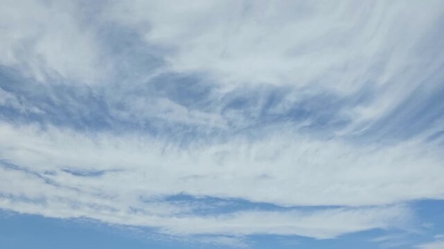 Cloudscape, Timelapse of Cirrus clouds across blue sky for serene backgrounds, forecasts, and seasonal design