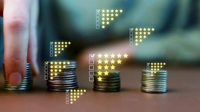 Stacks of coins show different ratings and assessments in a financial setting during daytime.