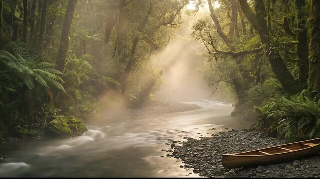 Misty Forest River  Canoe Serene Adventure in New Zealands Wilds.
