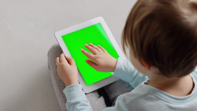 A little boy is holding a tablet with a green chrome key screen while sitting on a white floor watching a video or playing a game. the concept of replacing toys with electronic devices.