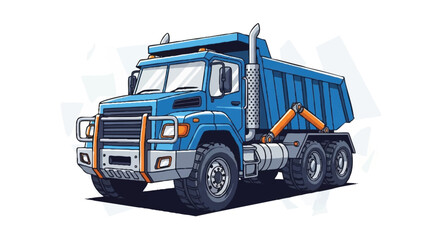 A blue dumptruck vector illustration with orange accents on a clean white background.