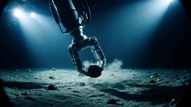 A robotic arm with a claw grabs a rock from the seabed, illuminated by spotlights in the deep ocean.