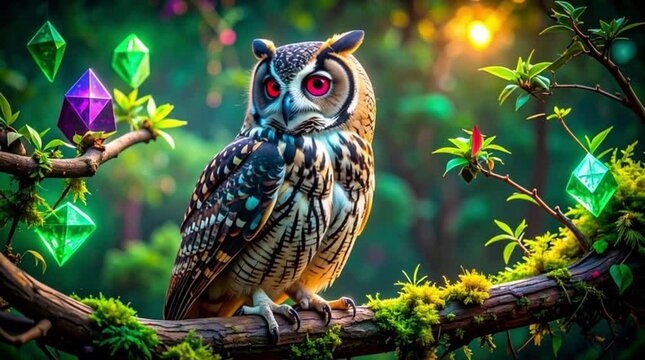 Fantasy owl sage perched on twisted citrine branches