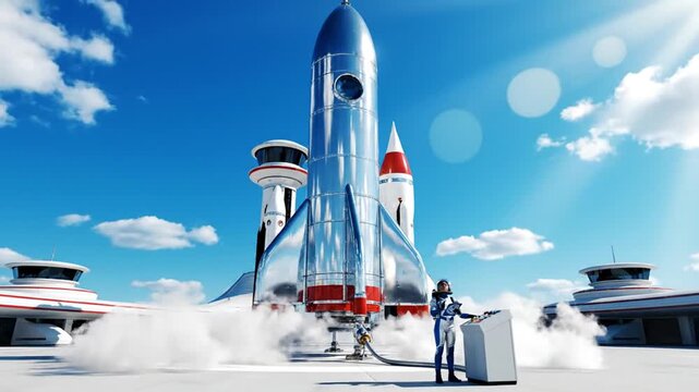 Astronaut checking control panel near rocket at futuristic launchpad