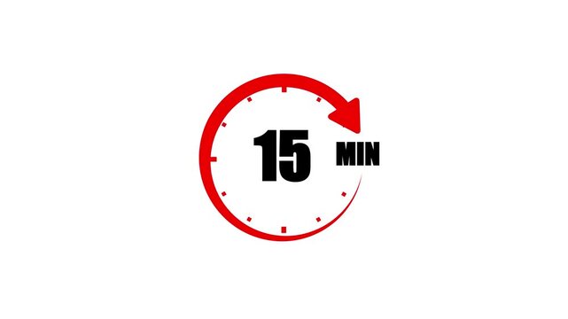 15 Minute Countdown Timer Animation with Red Rotating Arrow on White Background