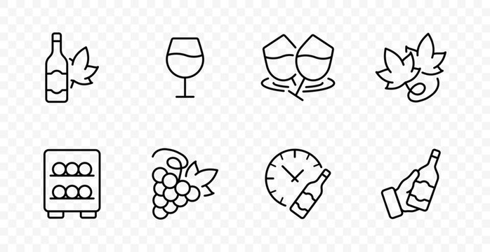 Wine culture set icon. Bottle with leaf, glass tasting, clinking toast, organic label, storage cabinet, grape harvest, time aging, sommelier service