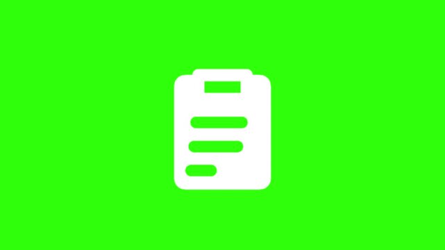 Animated white assignment clipboard document icon on green screen background. Animation motion graphic with chroma green screen clip template. Footage Green Screen 4K