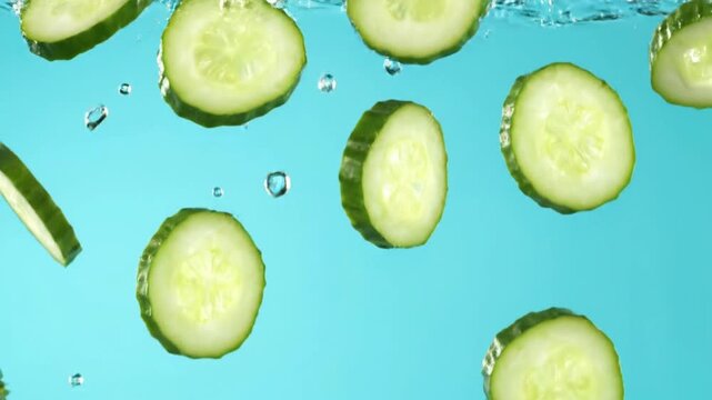 Vibrant, crisp cucumber slices dynamically plunge into clear, refreshing blue water, creating an invigorating splash and symbolizing natural freshness, health, and purity