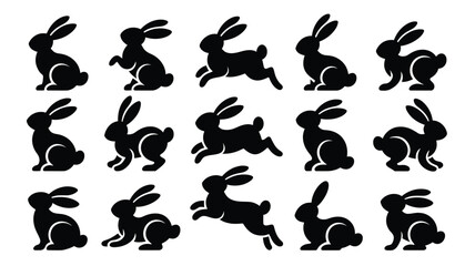 Fototapeta premium Collection of 12 modern easter bunny silhouettes in various poses on white background for decoration and design
