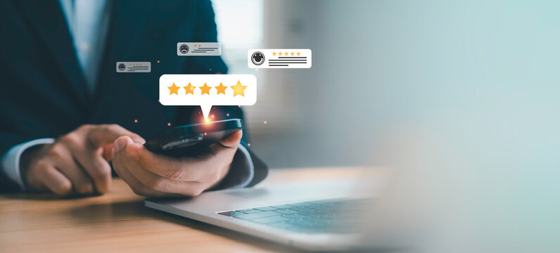 Mobile customer review concept with five star rating notification on smartphone screen. Online feedback, e commerce reputation management, client satisfaction and digital service evaluation theme.