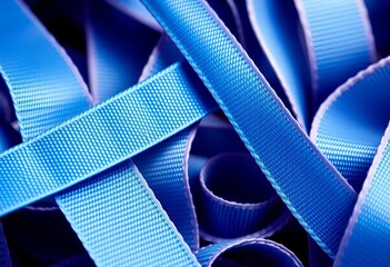 Close-up of a blue ribbon set, various sizes and textures,  grosgrain,  top