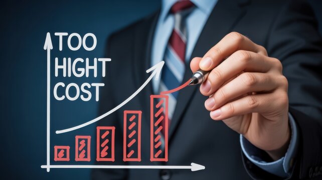 Professional drawing a rising trend chart with too high cost text depicting economic challenges