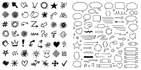 Obraz premium A collection of abstract black ink brushstrokes and scribbles on a plain white background