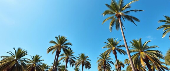 Majestic royal palm trees stand tall against a vibrant blue sky, blue sky, mexico