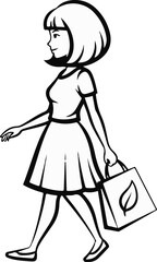 Stylized outline of a woman walking with a shopping bag featuring a leaf symbol
