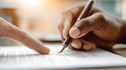 Close up of a person signing a paper document with a fountain pen in a bright office
