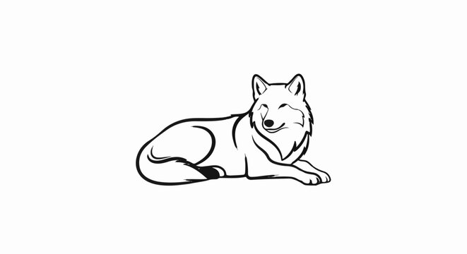 Stylized outline sketch of a content-looking wolf lying down on a white background