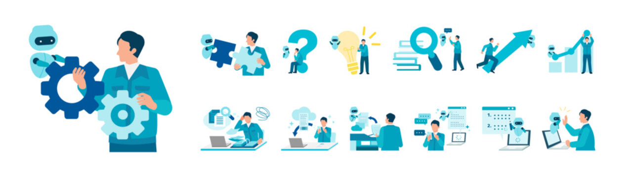 AI Powered Industrial Worker Illustration Set Featuring Voice Assistance, Document Summarization and Workflow Efficiency in Modern Field Operations
