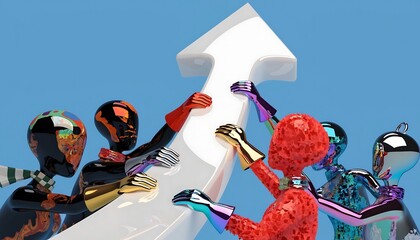 Diverse 3D figures holding up a white upward trending arrow