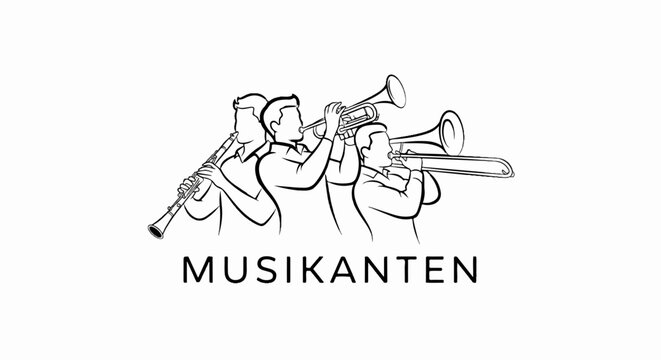Stylized sketch of a brass band playing instruments