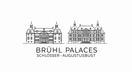 Obraz premium Two detailed line drawings of historic European palaces with text below