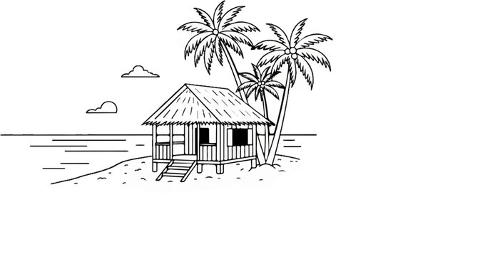 Tropical hut on stilts with palm trees and calm ocean under cloudy sky