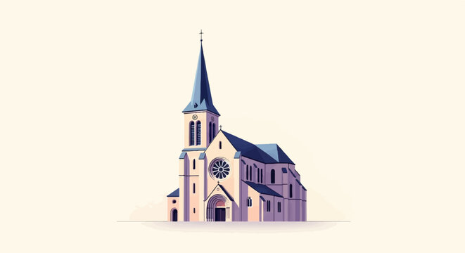 Stylized pixelated church with blue spire and rose window