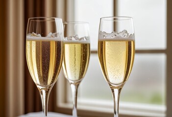 Champagne Flutes on Table Set for a Wedding featuring table decor, groom, couple, wedding.