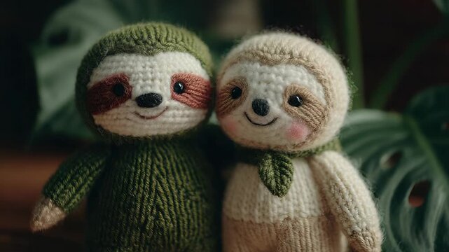 Adorable knitted sloth duo with cheerful expressions in cozy indoor setting