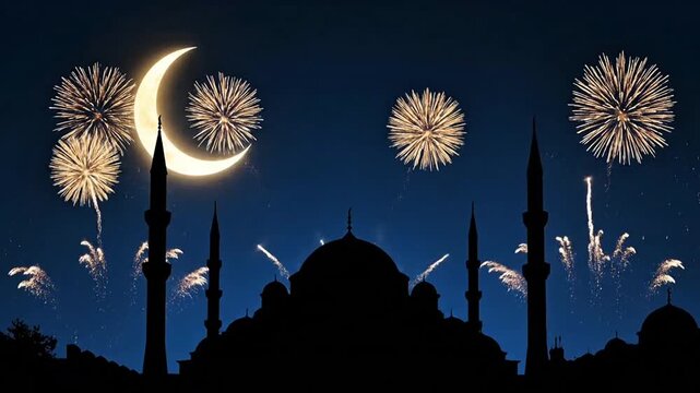 Soft elegant fireworks illuminating night sky above mosque silhouette, glowing crescent moon, deep blue and gold tones, refined celebratory mood, seamless loop, Full HD, no sound