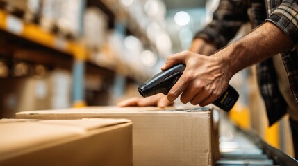 Fototapeta premium Logistics worker using a handheld barcode scanner on a cardboard box in a warehouse