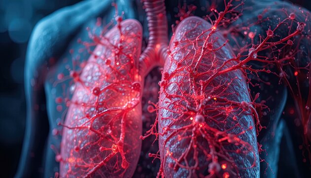 Human lungs with inflamed bronchial tubes and red network highlighting respiratory issues