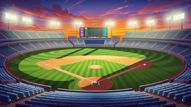 Baseball Stadium at Dusk with Vibrant Orange Sunset Sky and Detailed Grass Patterns &ndash; Peaceful Sports Venue Digital Artwork