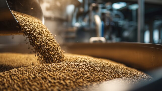 Dried malt grains pouring from a metal scoop into a large vat in a brewery