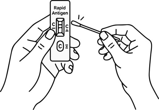 Two hands perform a rapid antigen test using a swab and testing device