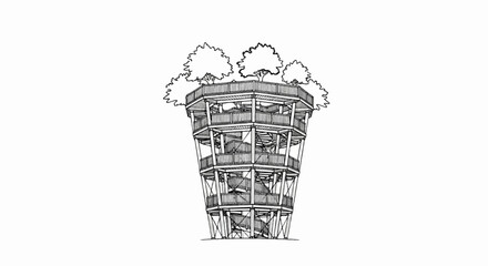 Towering wooden structure with multiple levels and spiral staircases surrounded by trees