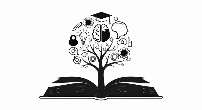 Tree of knowledge grows from an open book with icons representing learning and ideas
