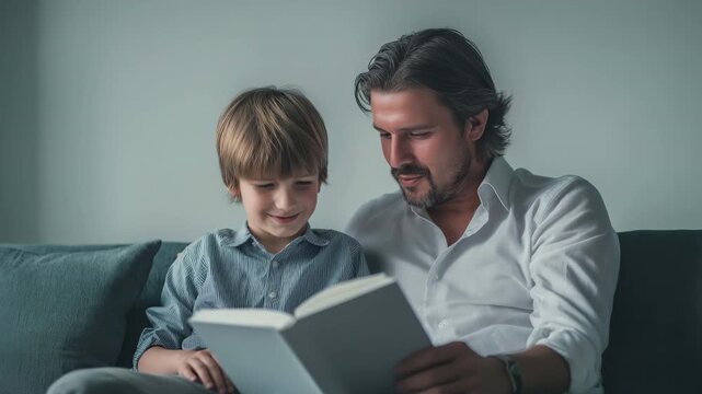 Father reading a book with son on a sofa at home, happy family
