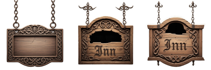 Collection of Three Ornate Vintage Wooden Hanging Signs with Medieval Style and 