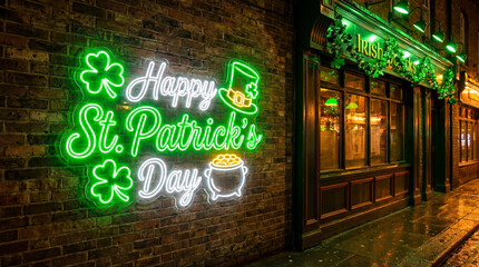 Happy St Patricks day, neon light text sign on an Irish pub wall 