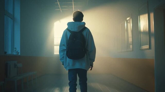 Teen student walking alone down a school hallway toward bright light, back view with backpack, concept of education journey and future