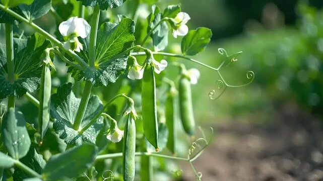 Developing green pea pods and white blossoms on a garden vine