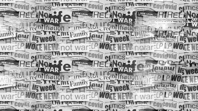 Black and white abstract montage of newspaper fragments forming a chaotic overlapping background
