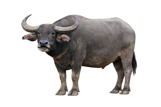 Water buffalo standing with large horns, transparent background