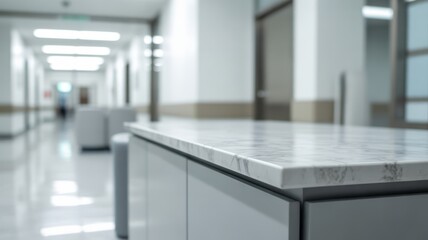 Fototapeta premium Close-up of a white marble countertop in a blurred modern hospital hallway, clinic or medical office interior background.