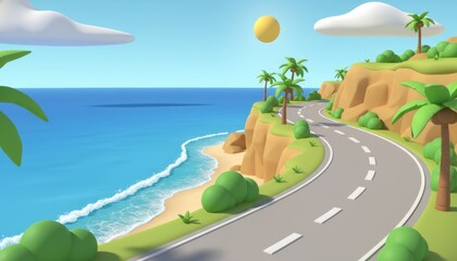 Fototapeta premium Stylized 3d render showing a winding coastal road running alongside a sandy tropical beach, with palm trees, green hills, clear blue ocean, and a bright sunny sky