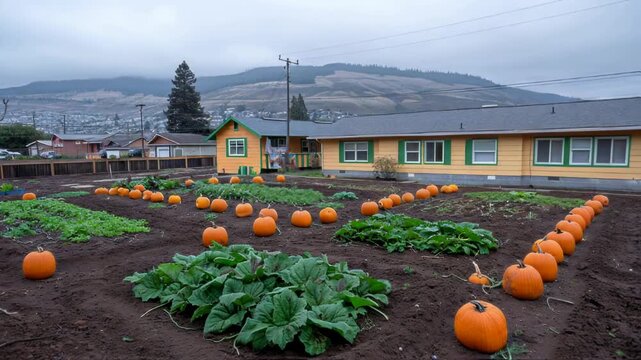A vibrant pumpkin patch with green leafy vegetables in a community garden near a school, surrounded by hills