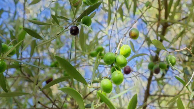 Upward shots show glossy green and dark purple olives among silvery leaves, clear sky, Montenegro coast. Branches sway gently, shallow depth, bright sunlight.