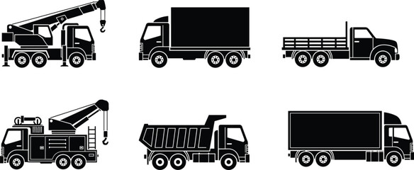 Heavy duty truck silhouette set, crane, cargo, flatbed and dump vehicles, commercial transport vector illustration isolated b © E-Designs